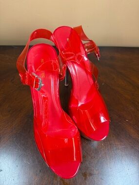 PrettyLittleThing Red‎ Patent Slingback Peep-Toe Heels